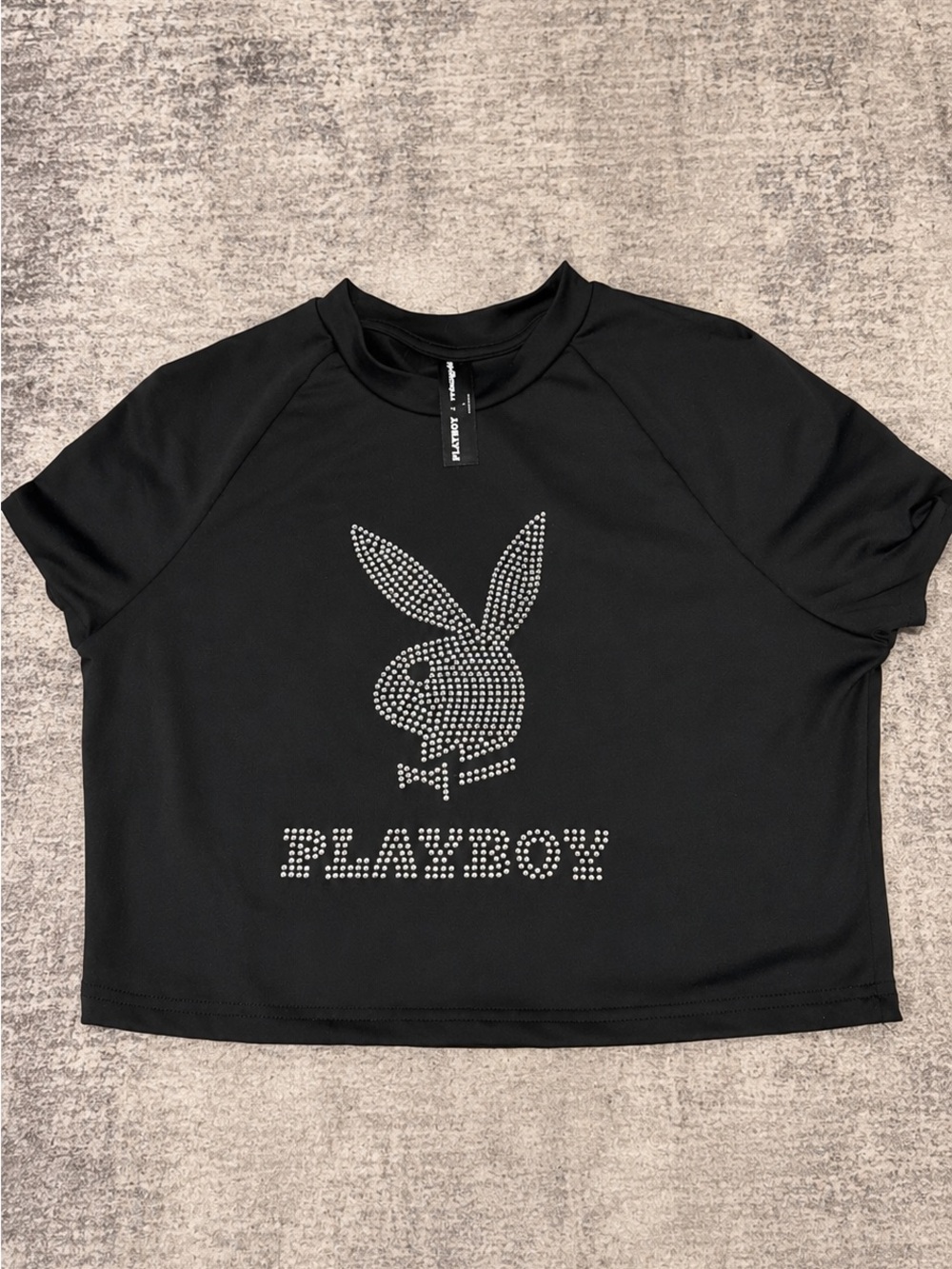 PLAYBOY Black Short Sleeve Tee with Rhinestone Bunny Logo